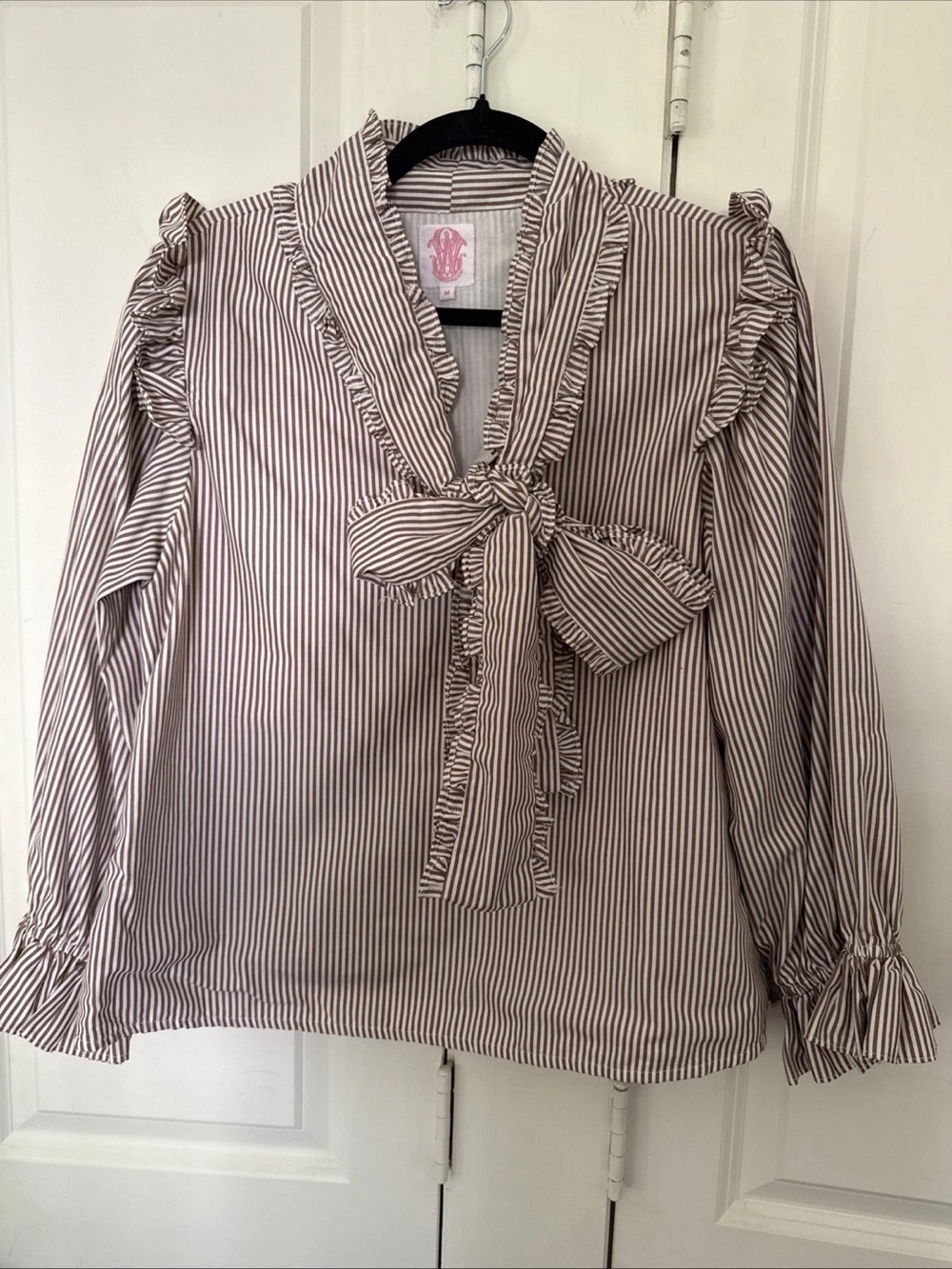 Elizabeth Wilson Striped Ruffle Tie-Neck Blouse in Brown and White